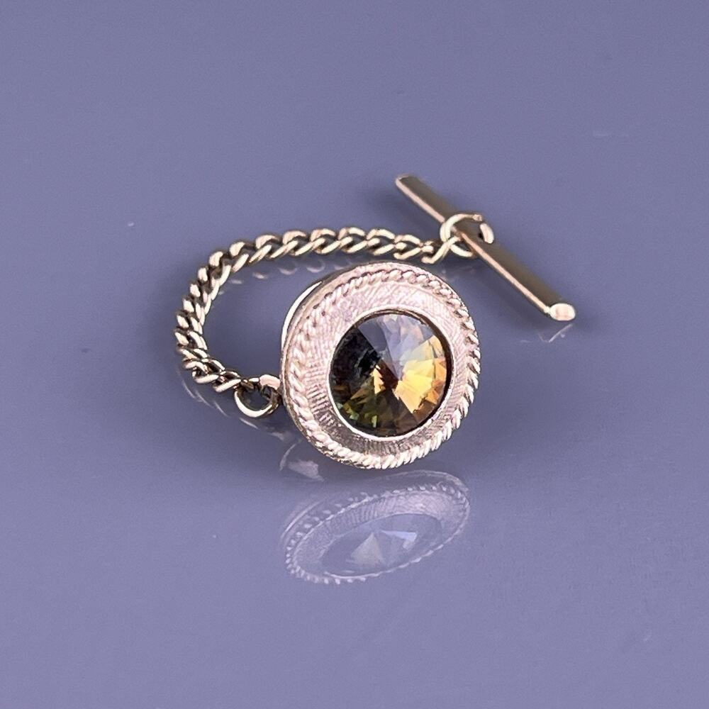 Round Brown Green Rivoli Rhinestone Tie Tack Pin Gold Tone Twist Vintage